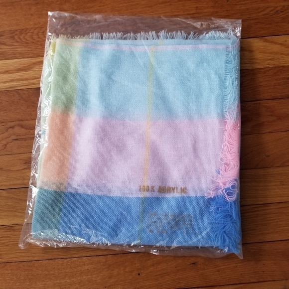 Vintage Ombre Stripe Acrylic Fringe Baby Blanket Pastel Pink Blue NOS Soft Girl - Picture 2 of 9
